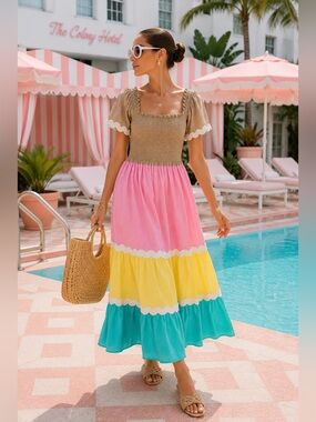 Bardoh Colorblock Tiered Maxi Dress Sz M Mediterranean Resort Cottagecore Boho
